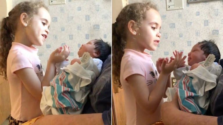 Touching Moment Girl Sings Calming Lullaby As She Meets Newborn Sister For First Time Touching Moment Girl Sings Calming Lullaby As She Meets Newborn Sister For First Time