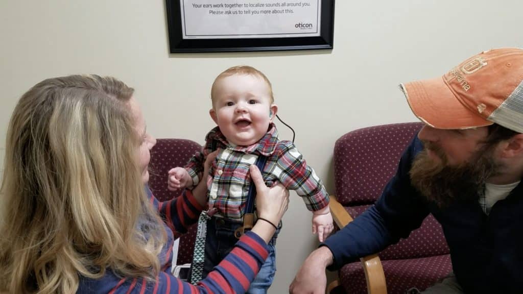 Moment deaf Beckett has his hearing aids are switched on for the first time in Lewiston, Maine, USA