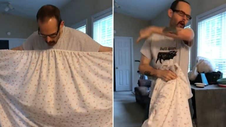 Husband Spends 2.5 Hours Trying To Fold Fitted Sheets, Much To Amusement Of Wife