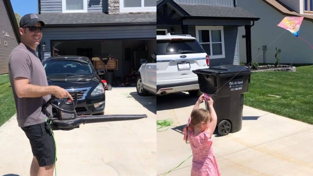 Dad uses leaf blower to fly daughter's kite on a windless day
