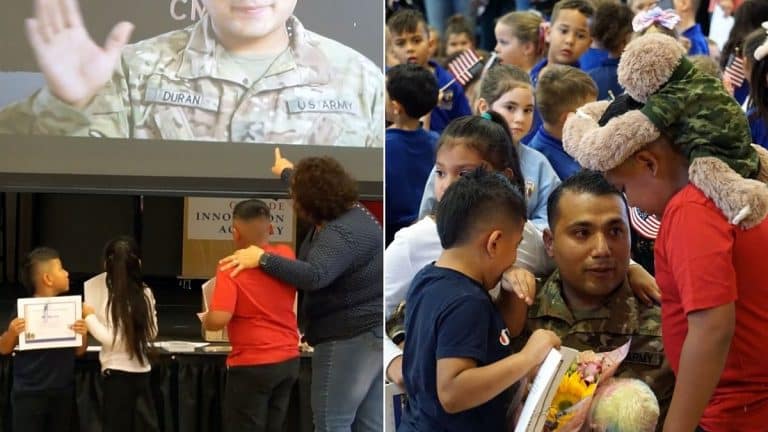 Military Dad Surprises Kids As They Receive School Award By Suddenly Appearing From Behind Curtain