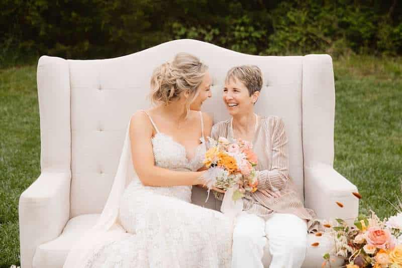 Jo Johnson Overby in her wedding dress with her mom Catherine