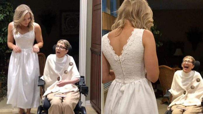 Jo Johnson Overby surprising her mom in her old wedding dress