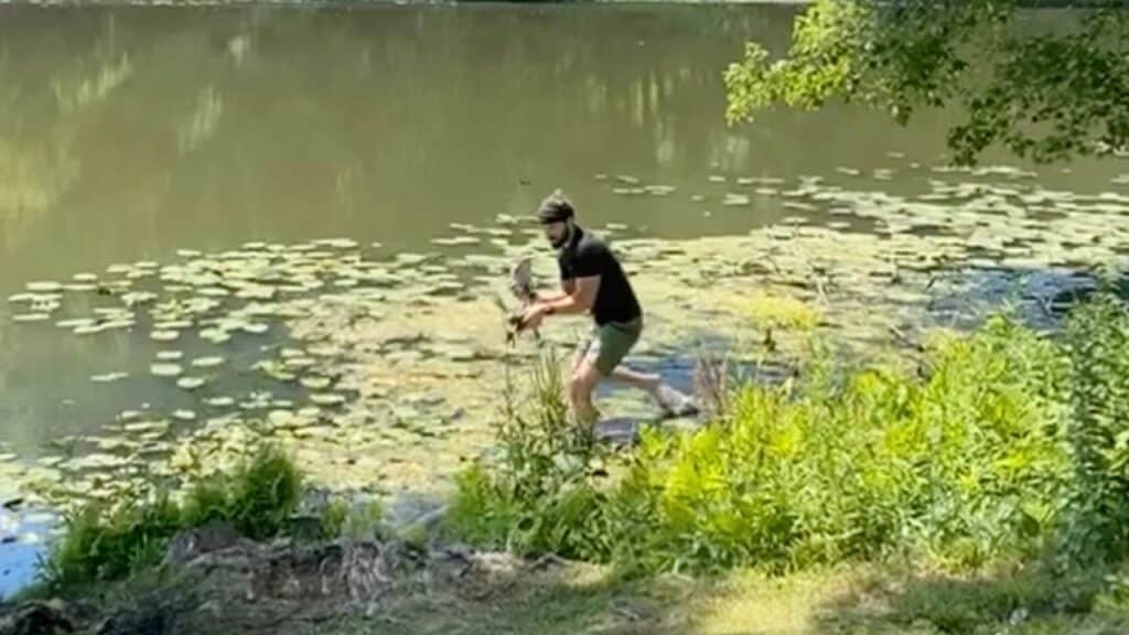 Devin wades into the water to pick up the bird.