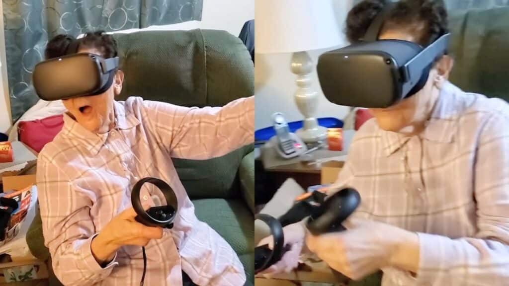 MaryLee shouts with amazement as she plays a virtual reality fishing game.