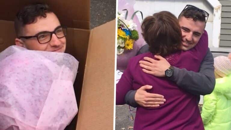 Mom Opens Box on Driveway to Discover Military Son Holding Flowers