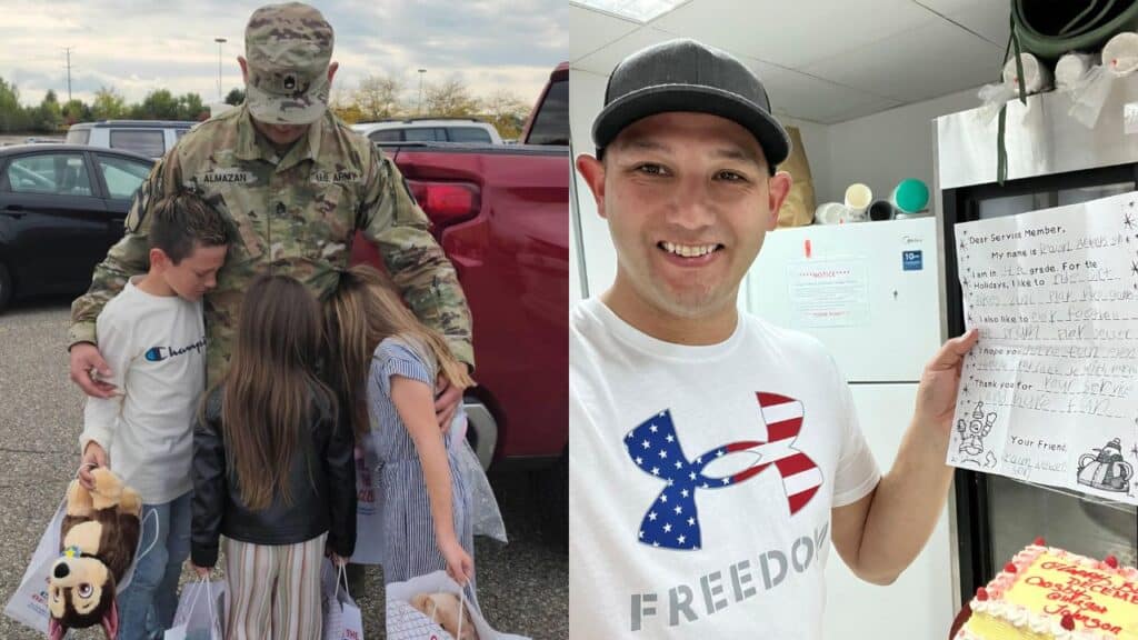 
Anthony says goodbye to his kids before leaving for deployment (left) and holding a surprise letter from his kids (right).