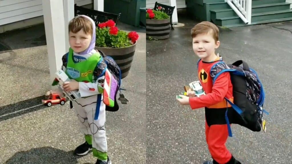 Chase dressed as Buzz Lightyear and Mr. Incredible