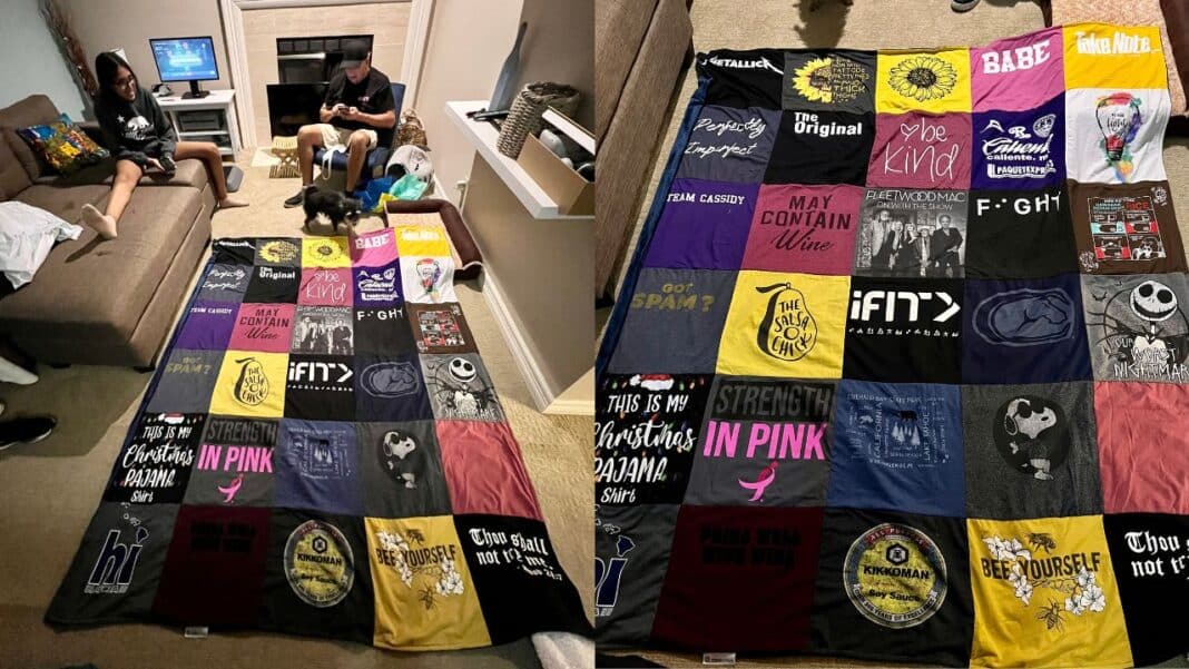 The blanket made from Summer's t-shirts