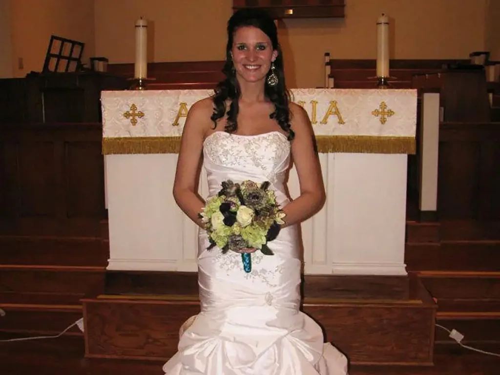 Bethany on her wedding day in the dress with husband Tyler and her mom and dad, Angie and Jeff.