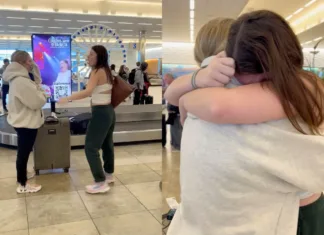 Darcy 'steals' her best friend Abigail's suitcase at the luggage carousel in South Carolina, USA.