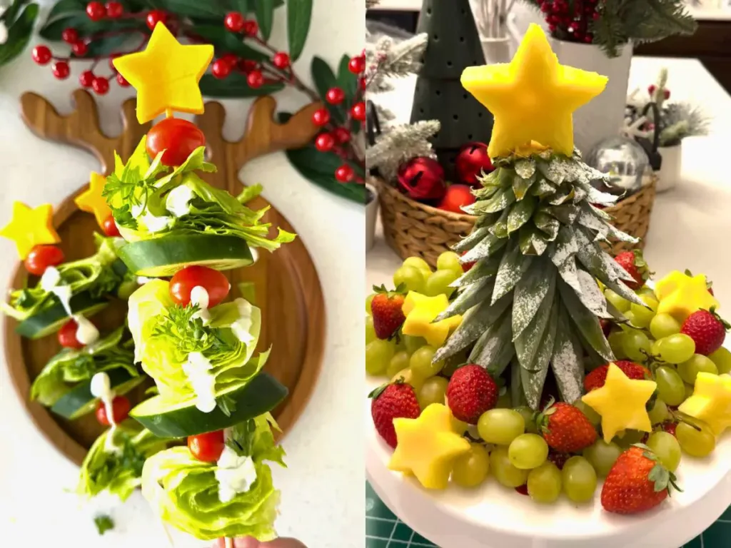 Christmas tree skewers (left) and pineapple Christmas tree (right).