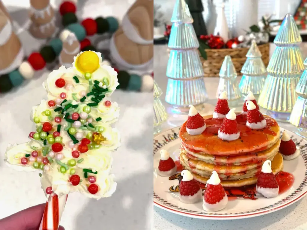 Whipped cream Christmas tree (left) and raspberry donut Santa hats (right)