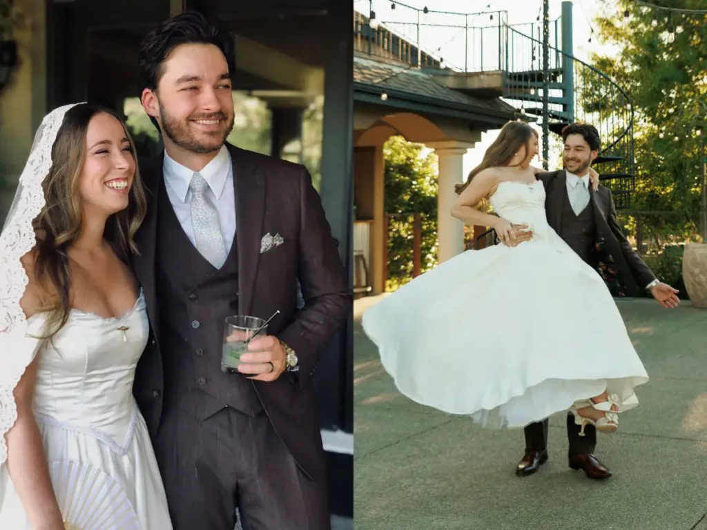 Adrian in her refurbished $25 dress on her wedding day in California.