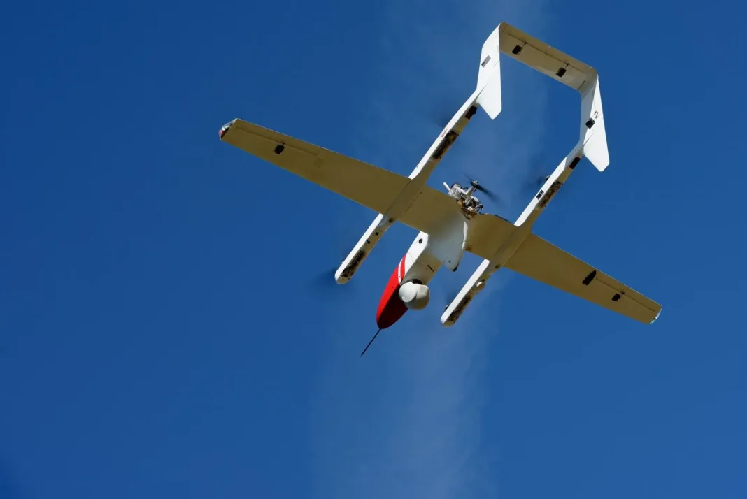 An FVR90 unmanned aerial vehicle (UAV) lifts off from the Monterey Bay Academy Airport near Watsonville, California, during the Advanced Capabilities for Emergency Response Operations (ACERO) Shakedown Test in November 2024. NASA/Don Richey