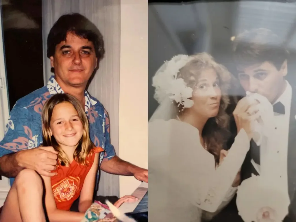 Maddie with her dad Jim (eft); Jim and Cathie on their wedding day in 1986 (right)