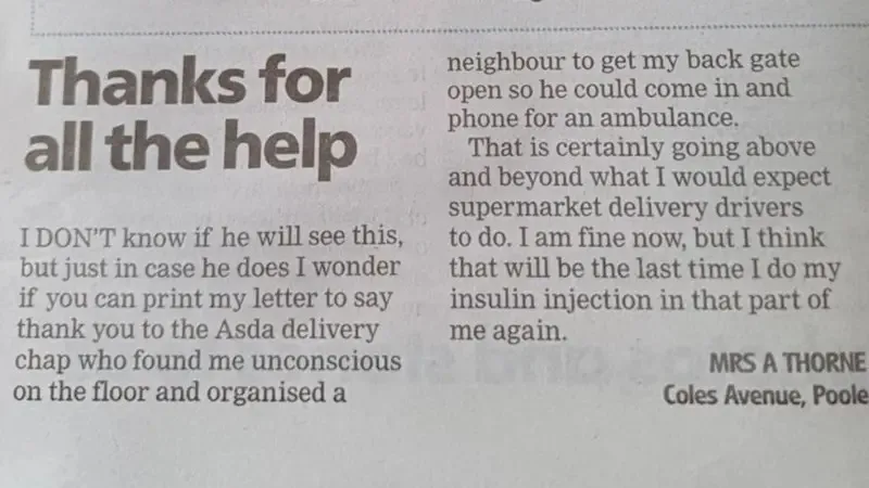 A newspaper clipping titled "Thanks for all the help" featuring a letter from a grateful customer thanking an Asda delivery driver for saving her life.