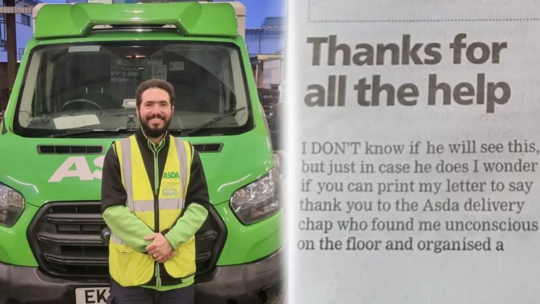 A composite image of Leandro standing in front of his Asda delivery truck alongside the newspaper letter thanking him.