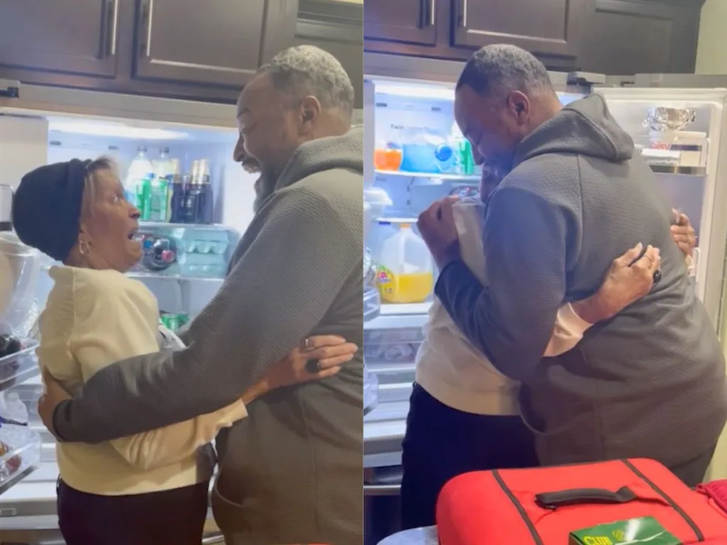 Side-by-side images: Left shows an older woman reacting with shock as a man approaches her by an open refrigerator; right shows the two embracing tightly.