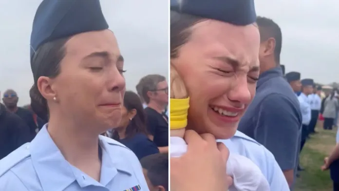 Air Force graduate Carly Spalding tearfully reacts with overwhelming happiness upon seeing her sister and baby niece unexpectedly arrive at her graduation ceremony