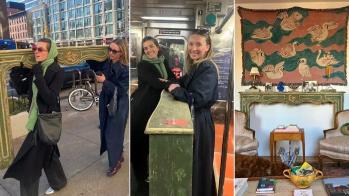 Two women carry a thrifted mantel on public transport in New York City.
