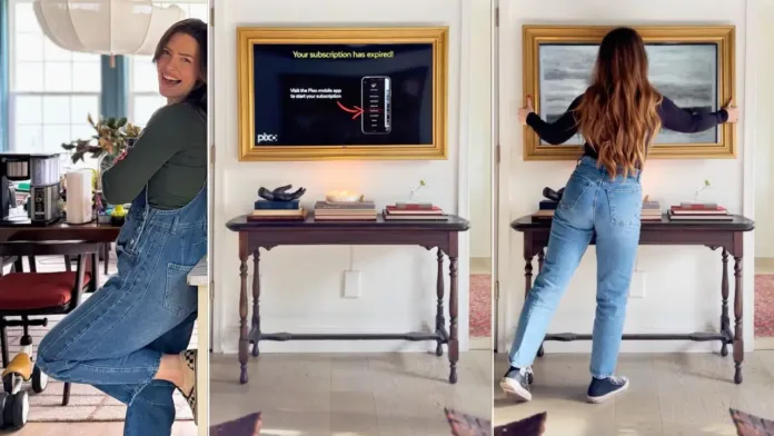 DIYer Cassady Smith opening a wall-mounted artwork that secretly hides a thermostat.