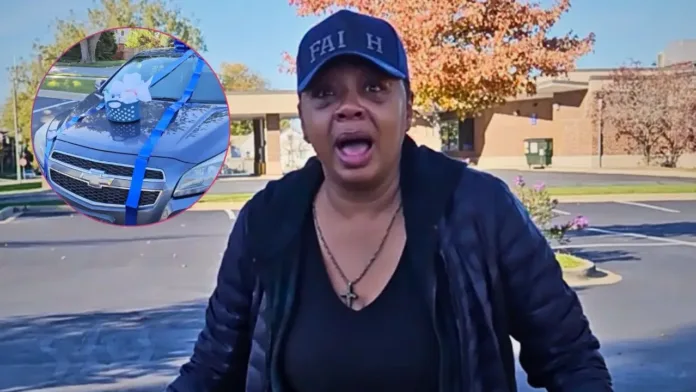 Single mom Sonya Rivers looks stunned and emotional with a Chevrolet Malibu, topped with a large blue bow, visible in an inset.