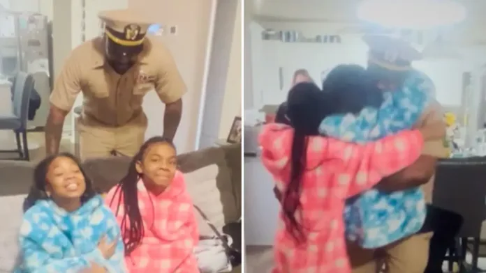 A split image shows a Navy officer sneaking up behind his daughters on a couch, followed by the girls hugging him in an emotional reunion