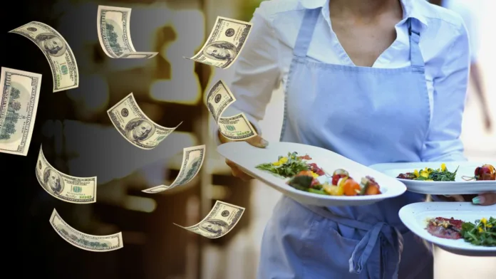 A waitress wearing an apron delivering food, with dollar bills floating on top.