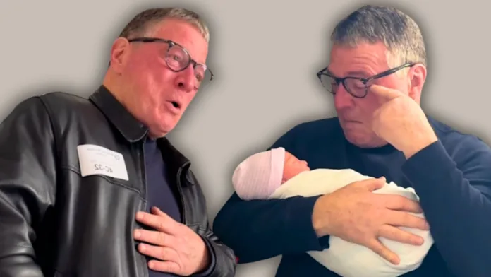 Side-by-side images show an emotional grandfather reacting with surprise and wiping away tears while holding his newborn grandson.