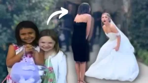 A composite image showing two friends as children smiling together next to a present-day image of one friend surprising the other, now a bride, who is visibly shocked and emotional.
