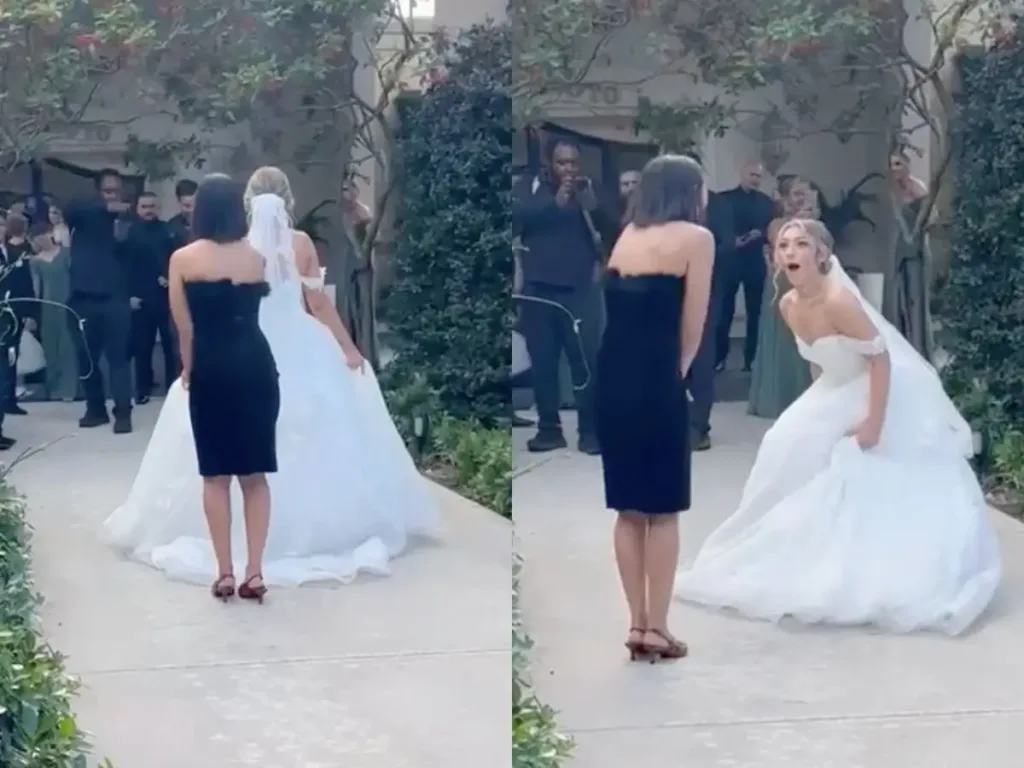 Two side-by-side images showing the bride's stunned reaction, mouth open in disbelief, upon seeing her childhood friend standing in front of her at the wedding.