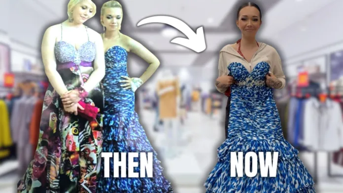 Side-by-side images showing Jillea wearing the prom dress in 2010 and rediscovering it in a thrift store.