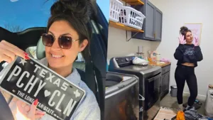 Side-by-side images featuring Skye Phillips holding her "PCHY CLN" license plate inside a car, and another showing her posing with gloves on next to laundry machines at home.