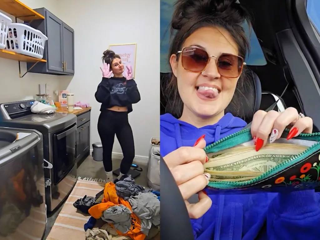 Two-panel image showing Skye Phillips posing playfully next to laundry equipment in one photo, and displaying a wallet filled with cash in another.