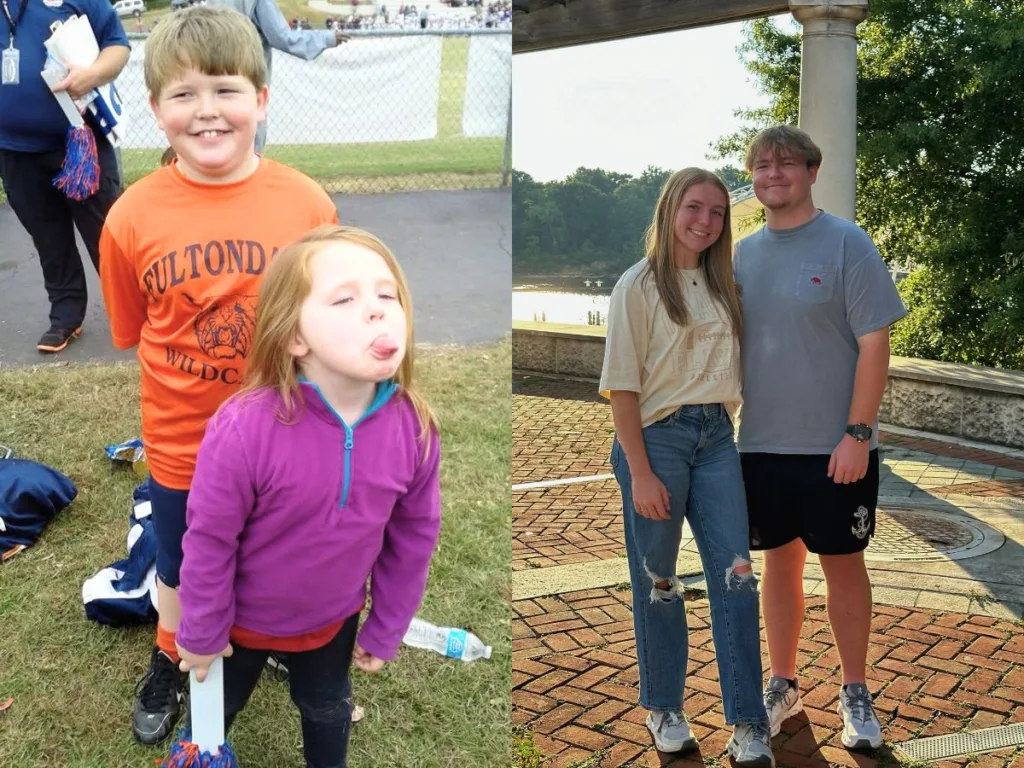 Side-by-side photos of the siblings as kids and now as teens.
