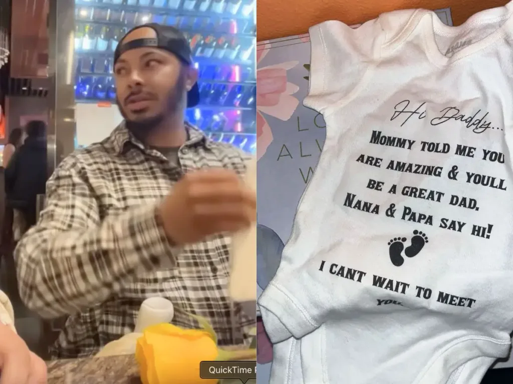 A side-by-side image showing Lorenz Stefan looking surprised and emotional after opening a gift, alongside a white baby onesie revealing pregnancy news