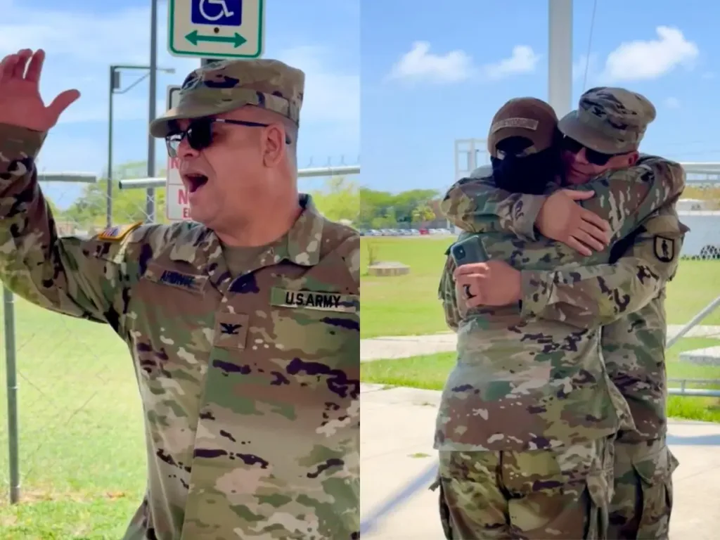 Army colonel salutes his daughter after she surprises him at his retirement ceremony in Puerto Rico.
