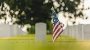 An American flag placed at a veteran’s grave in a cemetery, surrounded by rows of headstones with trees in the background.