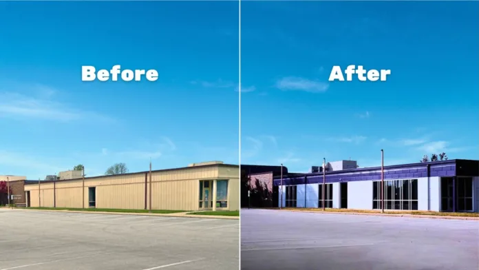 Side-by-side image showing the same school exterior before and after window renovations.