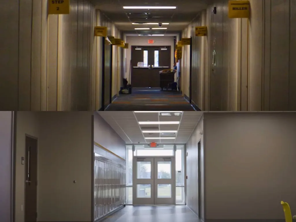 Before and after comparison of a dim hallway versus a bright, window-lit school corridor.