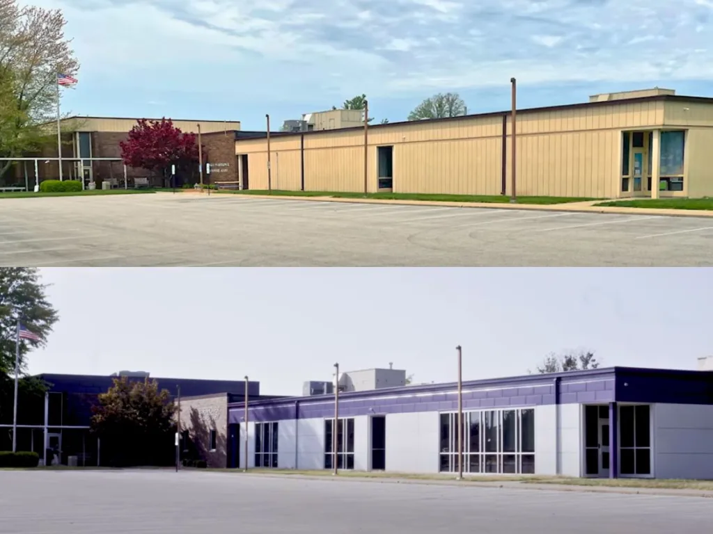 Exterior of a school building before and after renovation with added windows and new design.