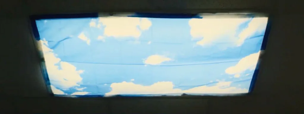 A ceiling panel painted like a blue sky with clouds to mimic natural light.