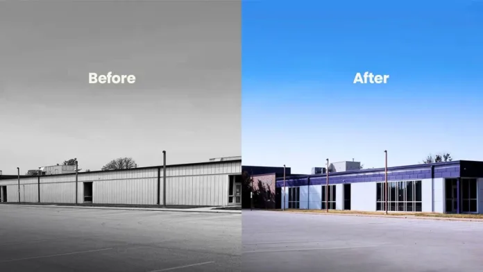Side-by-side image showing the same school exterior before and after window renovations.