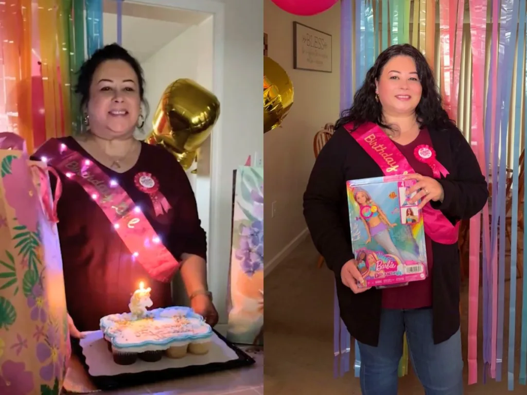 Alma Soqui celebrates her 54th birthday with cupcakes and rainbow party decorations.