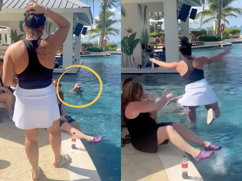 Side-by-side pool images of Abby approaching in disguise and Trisha jumping in.