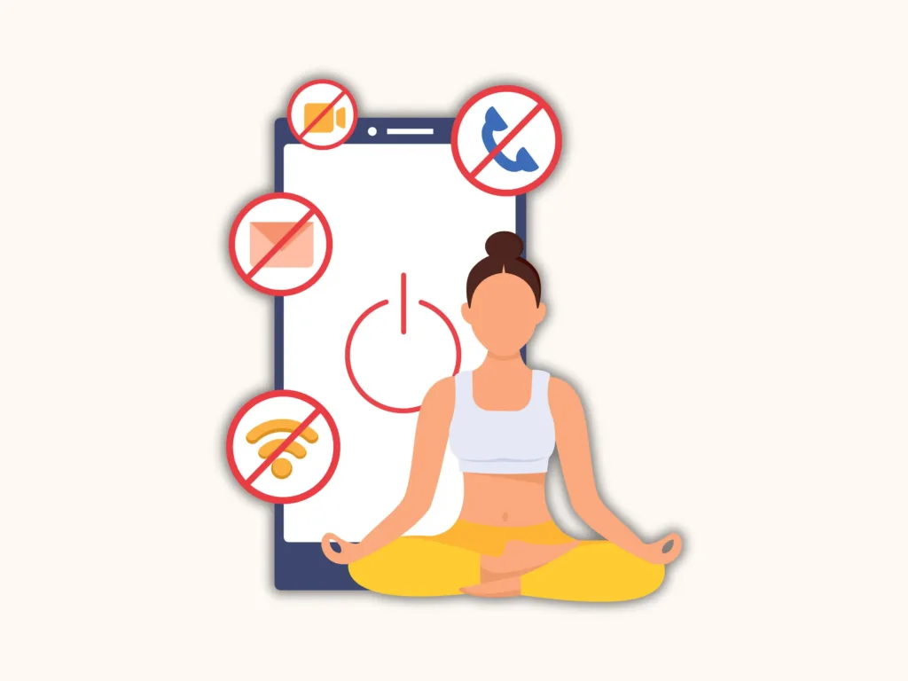 Illustration of a woman meditating in front of a phone with icons showing no calls, email, Wi-Fi, or media.