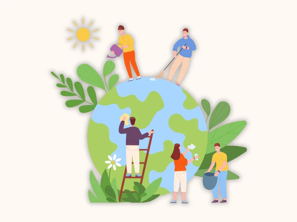 Illustration of people caring for the Earth through outdoor activities.