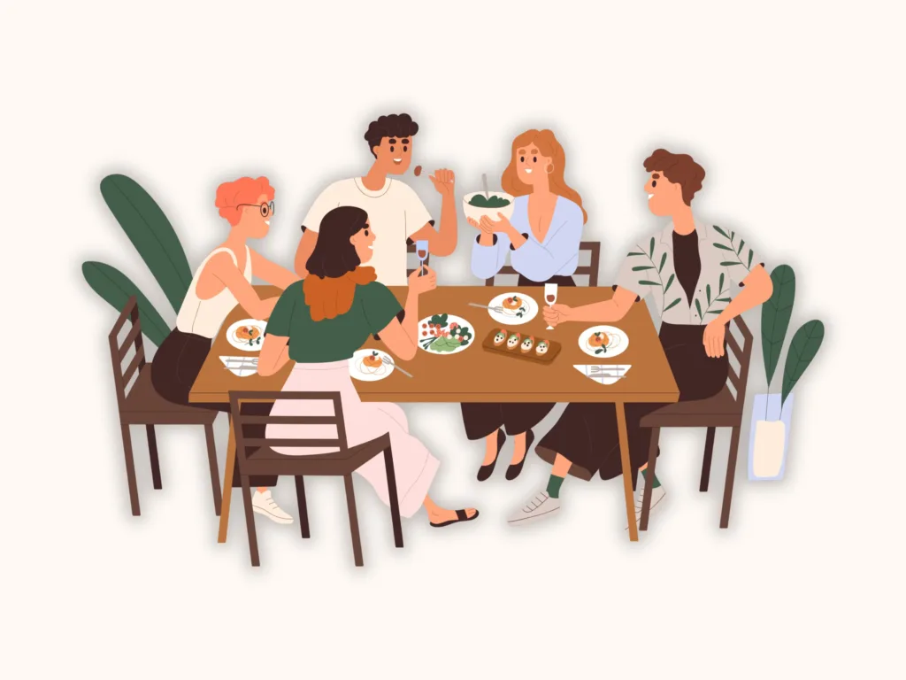 Illustration of friends enjoying a screen-free meal together.