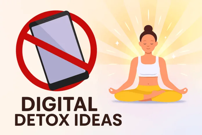 Illustration featuring a meditating woman and a crossed-out smartphone symbol, promoting digital detox ideas for mindfulness and screen-free balance.
